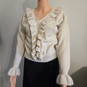 Strut & Bolt Elegant Cream V-Neck Sweater with Ruffle Details Long Sleeve